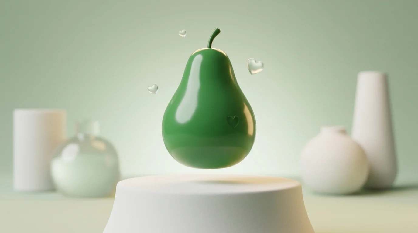 A glossy green pear with a small heart mark, floating above a white pedestal
